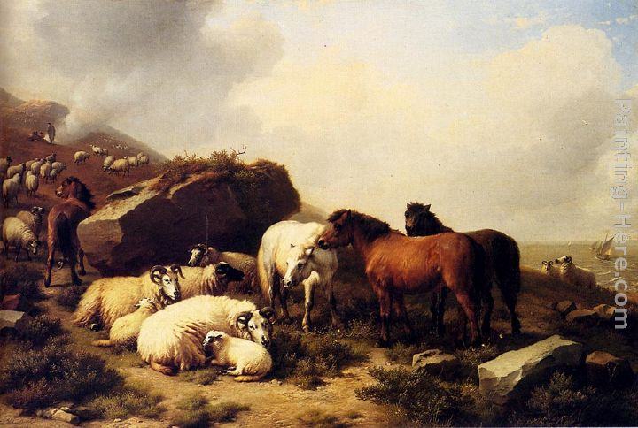 Eugene Verboeckhoven Horses And Sheep By The Coast